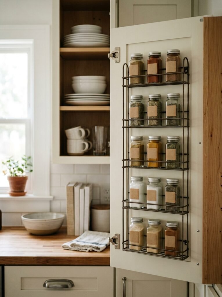 spice rack inside a kitchen cabinet door