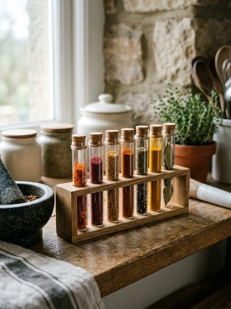 test tube spice rack with saffron and sumac