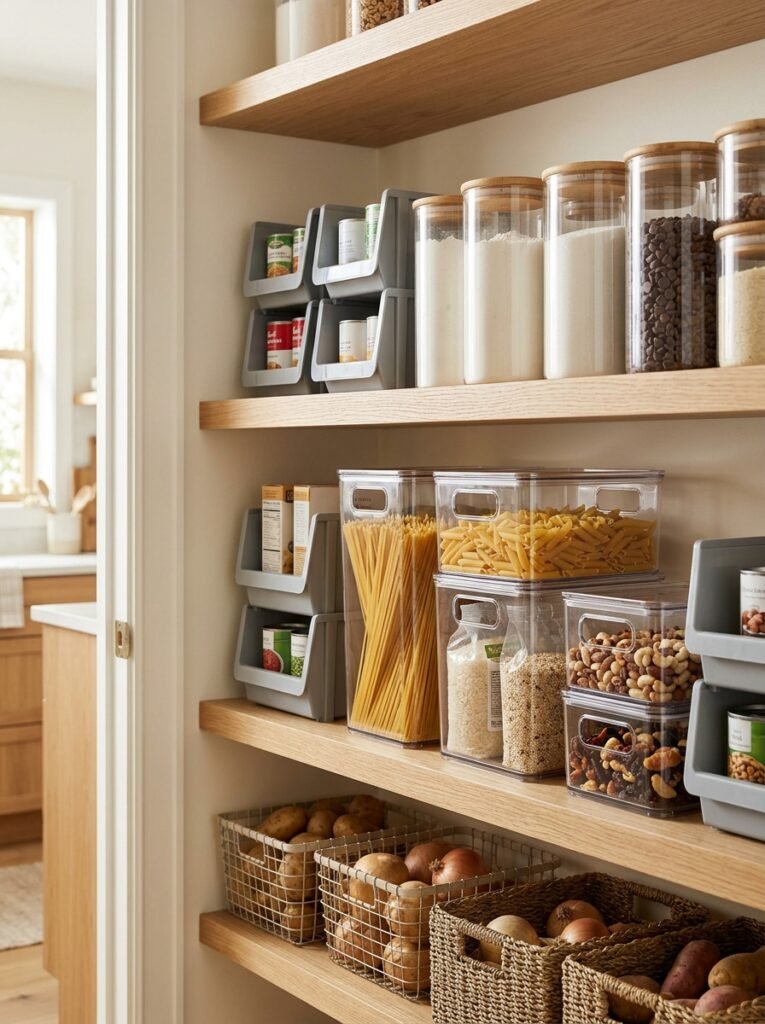 20 Pantry Organization Ideas For a Clean and Clutter Free Kitchen stackable bins and containers inside kitchen pantry