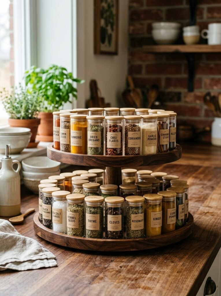 12 Easy Spice Rack Ideas for an Organized Kitchen tiered lazy susan spice bottles 202606141328