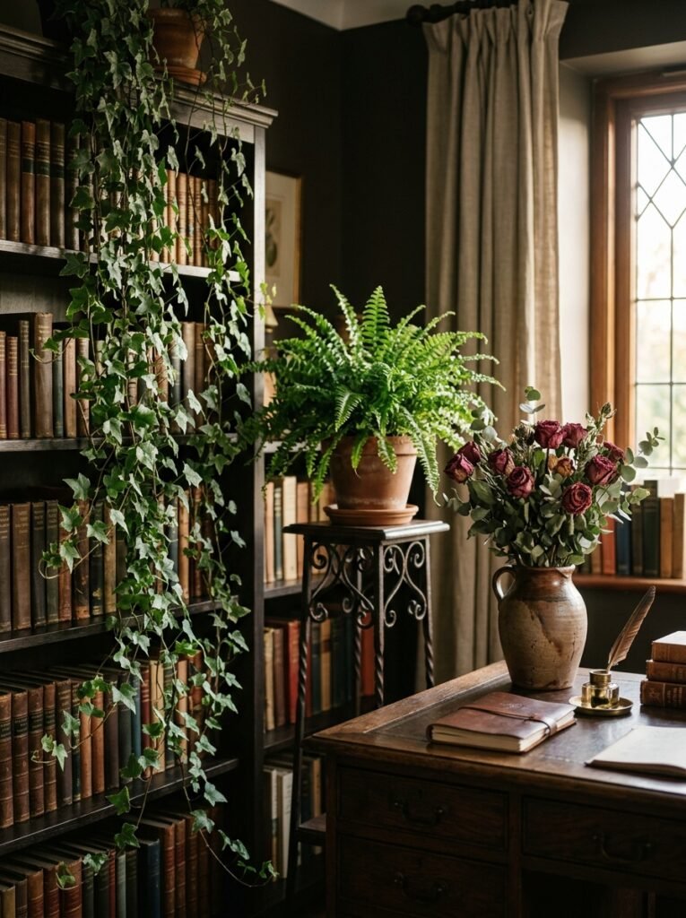 trailing ivy and ferns in a dark academia office