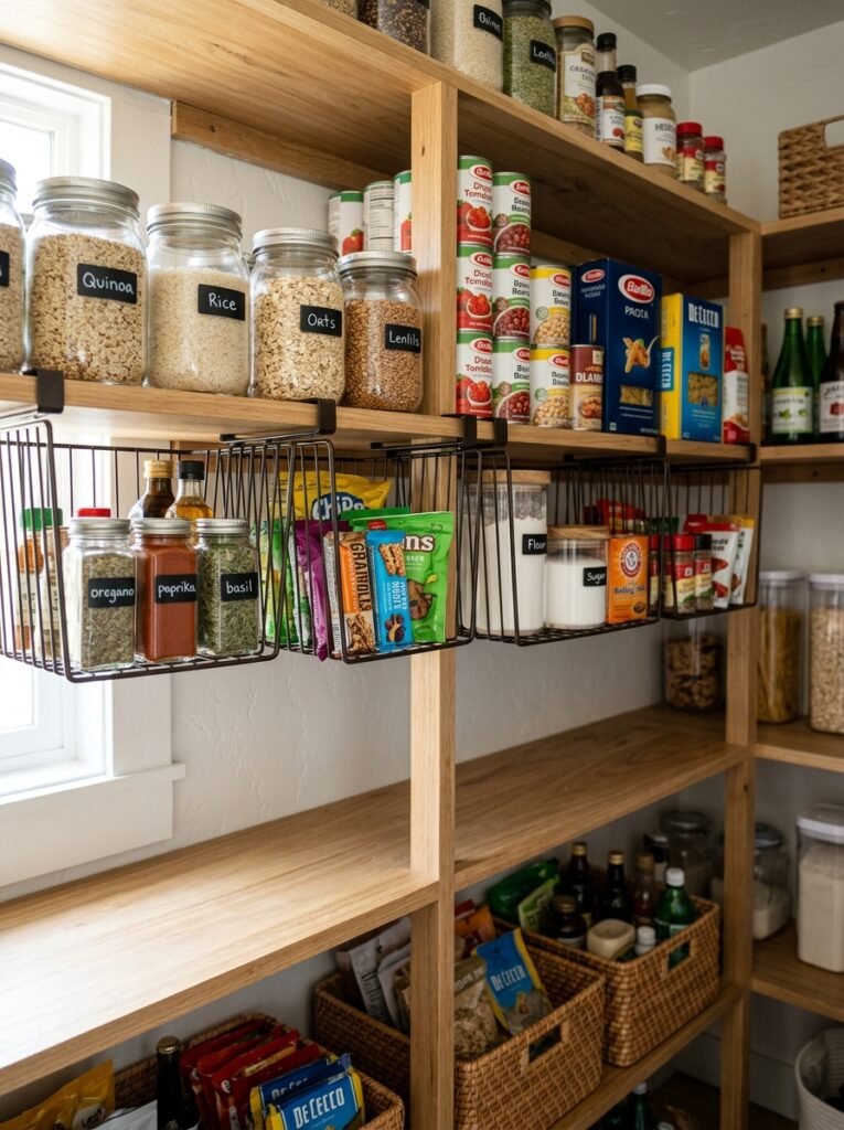 20 Pantry Organization Ideas For a Clean and Clutter Free Kitchen undershelf storage baskets inside kitchen pantry