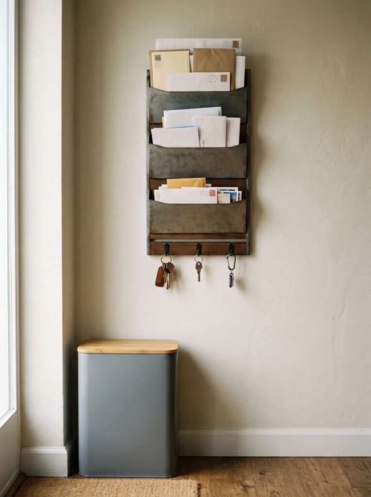 wall mounted mail sorter in an entryway
