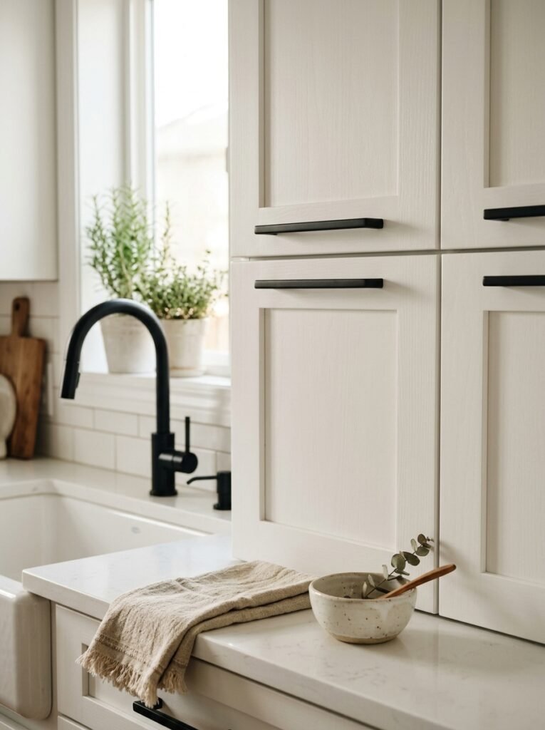 matte black hardware on white kitchen cabinets