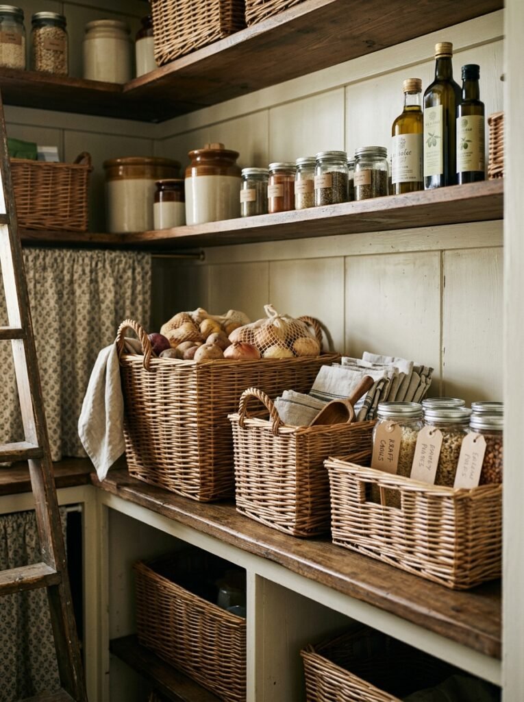 20 Pantry Organization Ideas For a Clean and Clutter Free Kitchen wicker baskets inside kitchen pantry