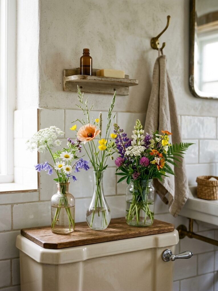 wildflowers in vases on toilet tank