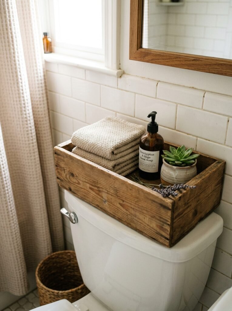 wooden box on toilet tank 