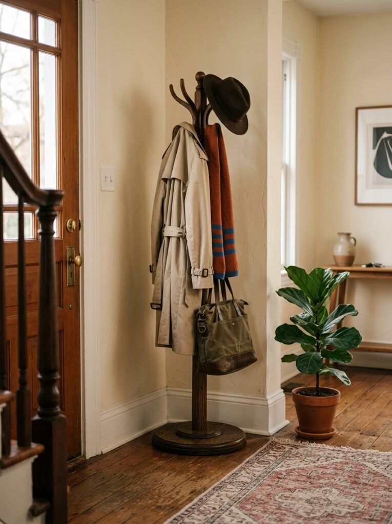 freestanding coat rack in an entryway corner