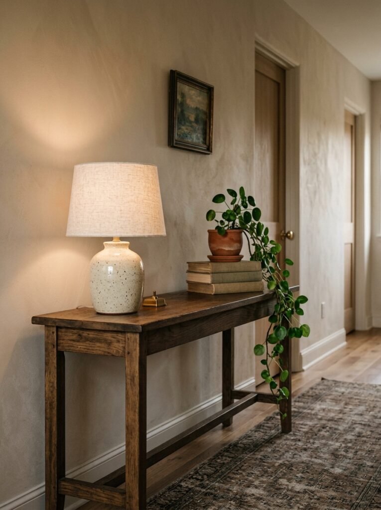 console table with a glowing table lamp