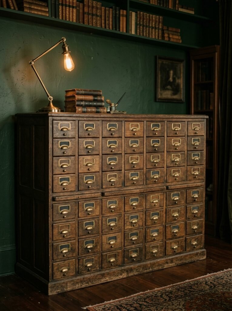 antique card catalog cabinet in a dark academia office