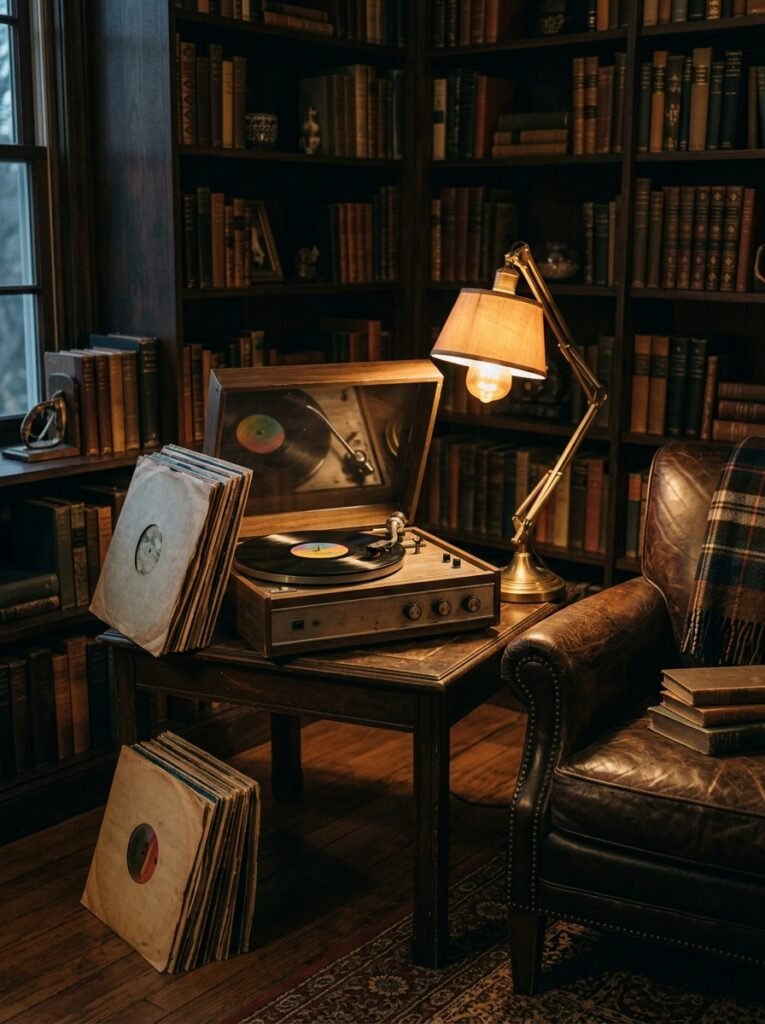 vintage record player in a dark academia study