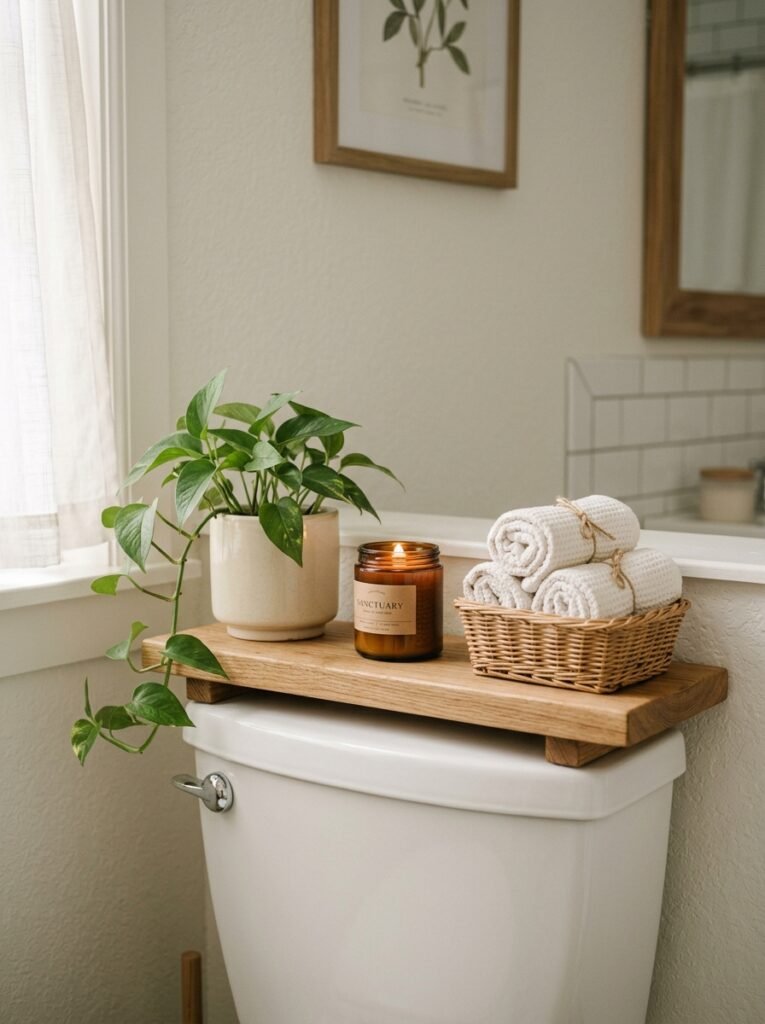 wooden tank topper shelf with decor