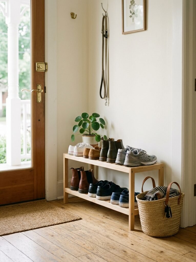 slim wooden shoe rack by the front door