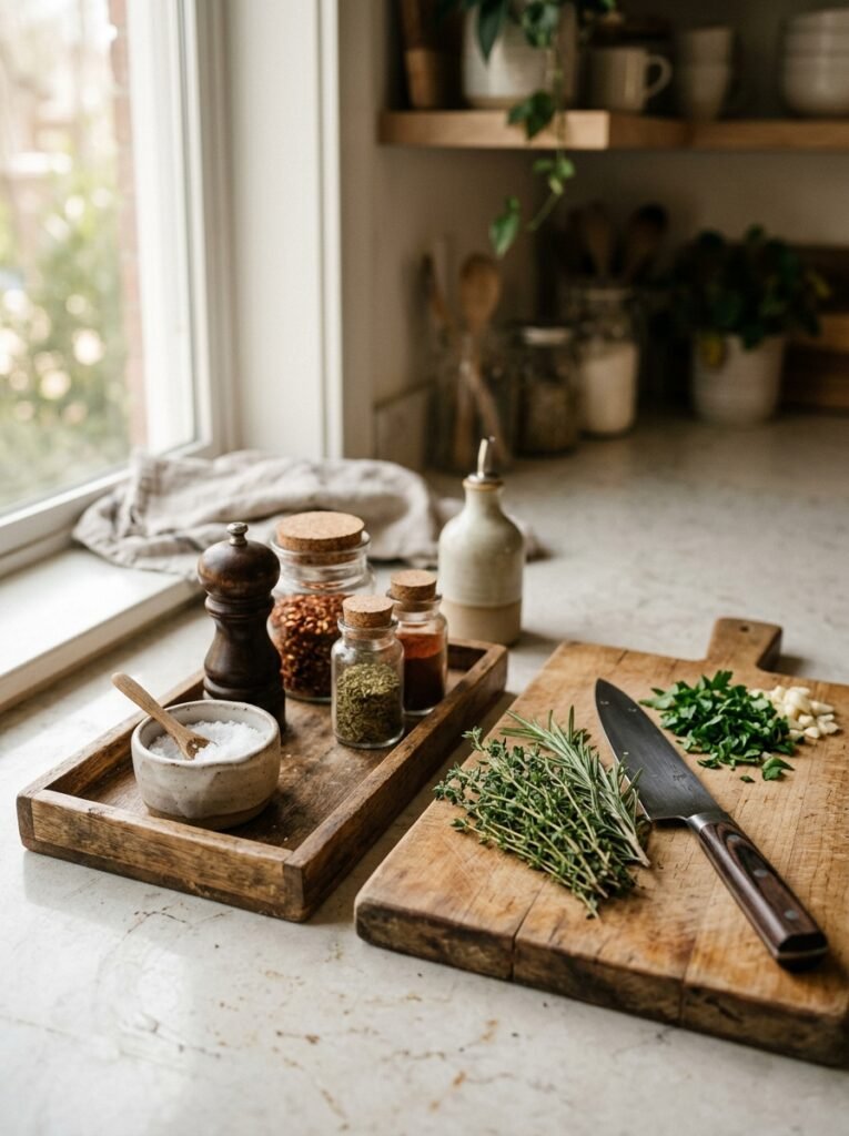 everyday spices on a prep tray by a cutting board