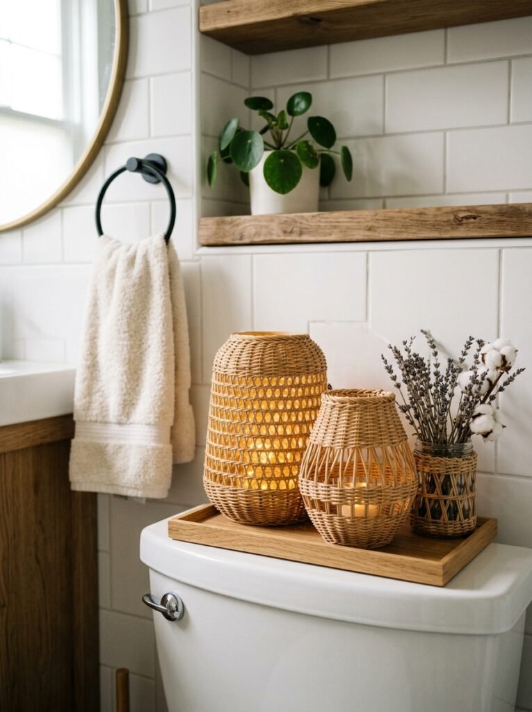 woven lanterns on toilet tank 