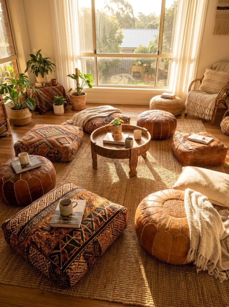 loor cushions and leather poufs around a low table in an afrohemian living room
