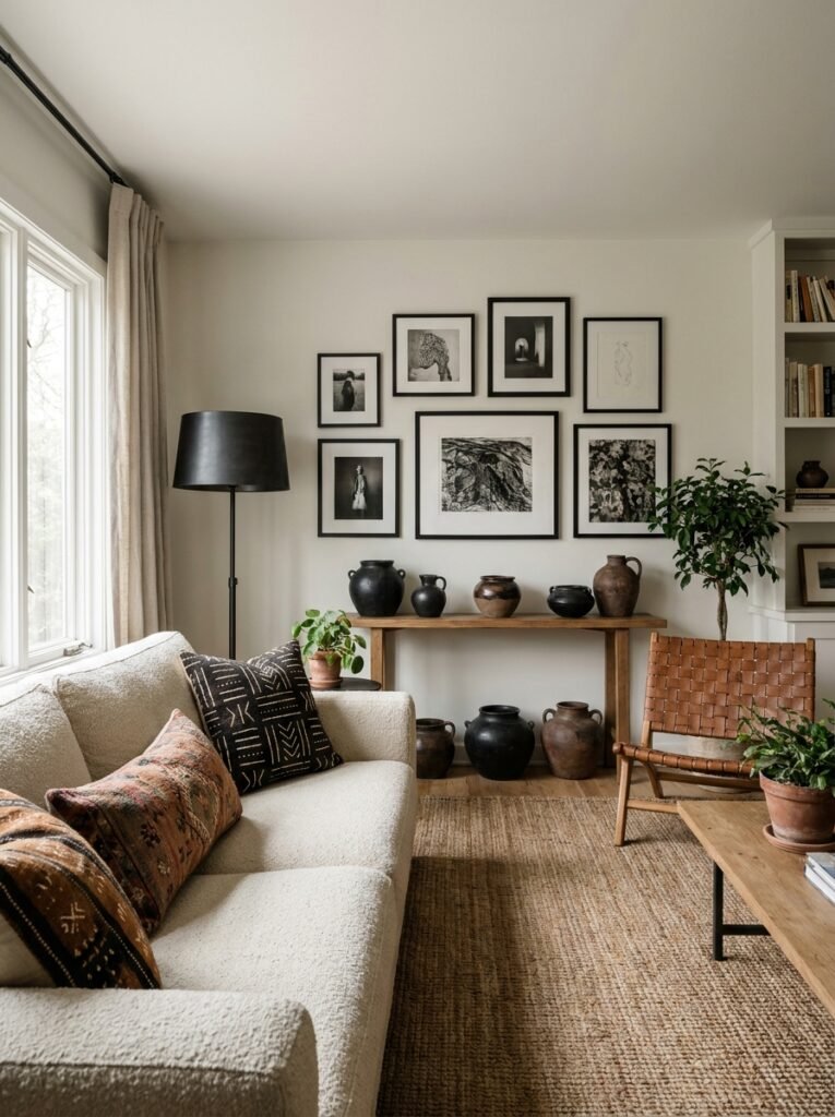 Afrohemian living room with black iron floor lamp and dark pottery accents