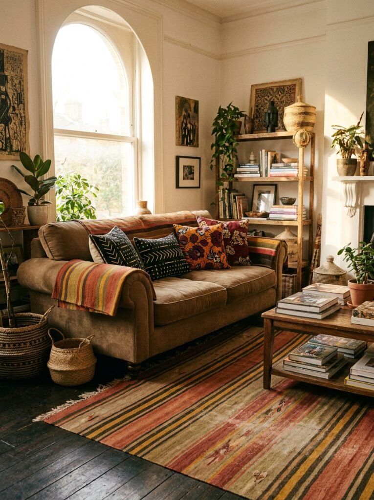 Afrohemian living room mixing mudcloth, wax print and kilim patterns