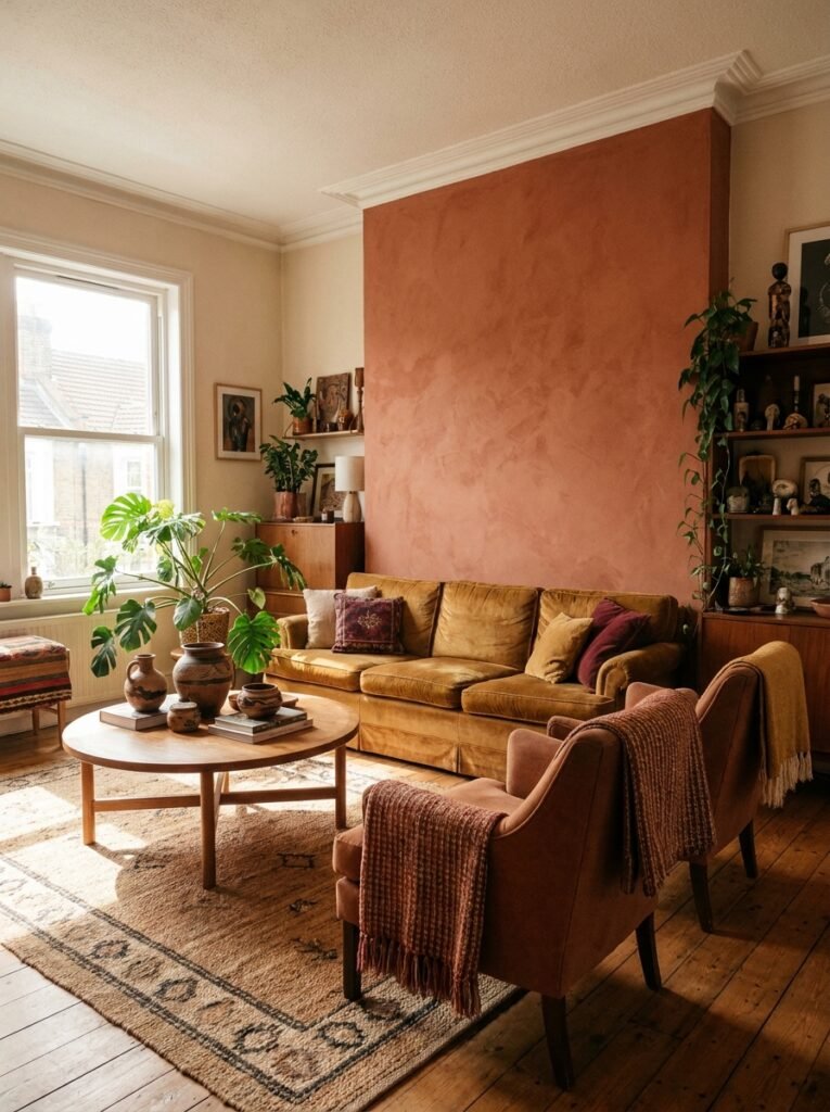 Afrohemian living room with terracotta accent wall and earth tone furniture