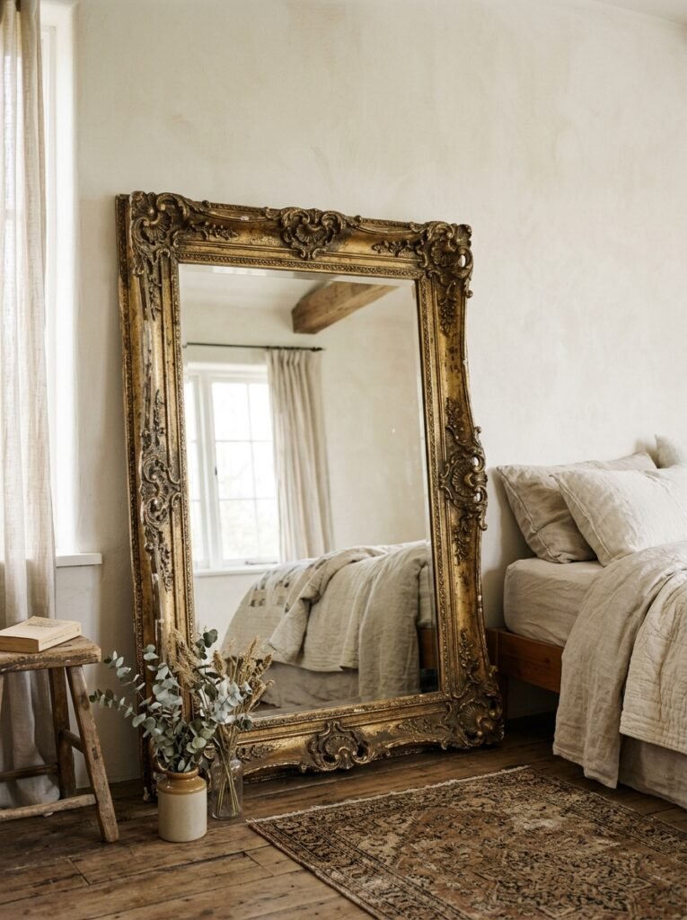 aged gold gilded mirror leaning against a bedroom wall