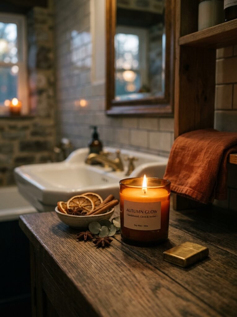 Amber candle glowing on a bathroom counter