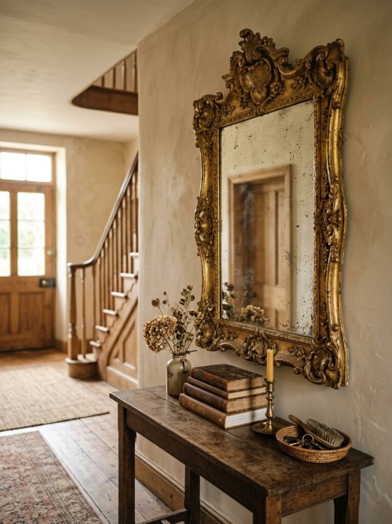 Antiqued glass mirror in an entryway