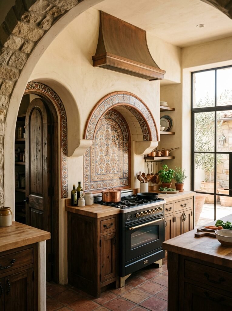 Arched doorway and arched tile detail in a Spanish kitchen