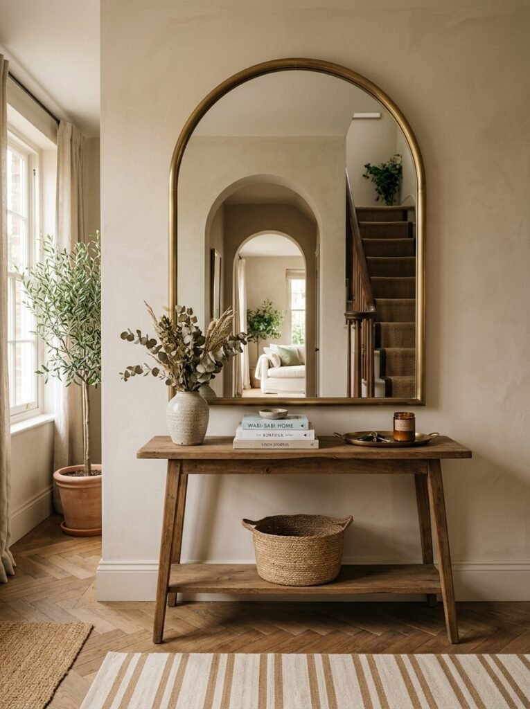 Arched brass mirror above an entryway console table