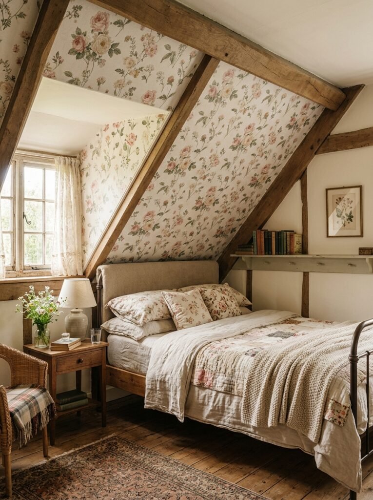 20 Sloped Ceiling Bedroom Ideas That Are Charming attic bedroom with floral wallpa…