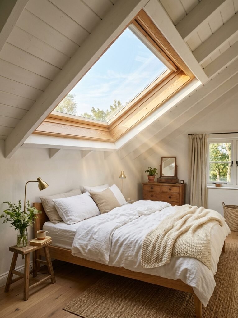 20 Sloped Ceiling Bedroom Ideas That Are Charming attic bedroom with skylight