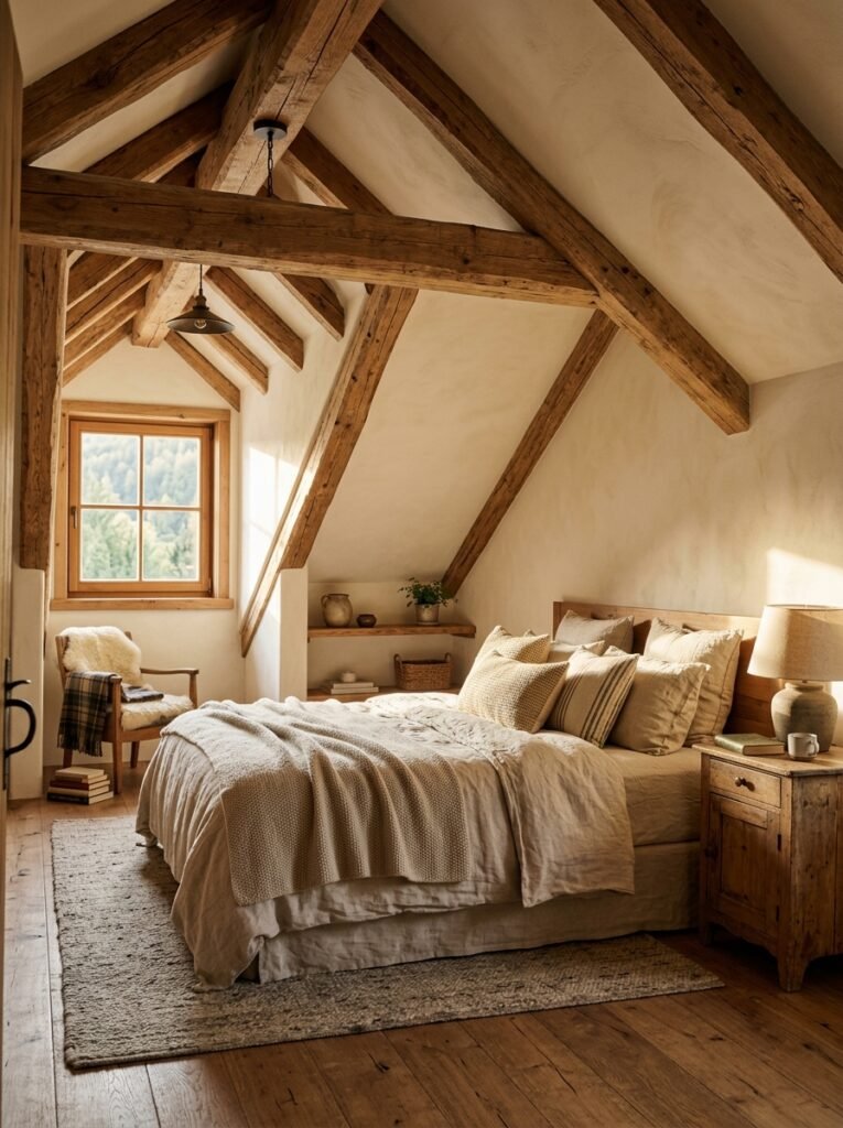 20 Sloped Ceiling Bedroom Ideas That Are Charming attic bedroom with wood beams 202607072046