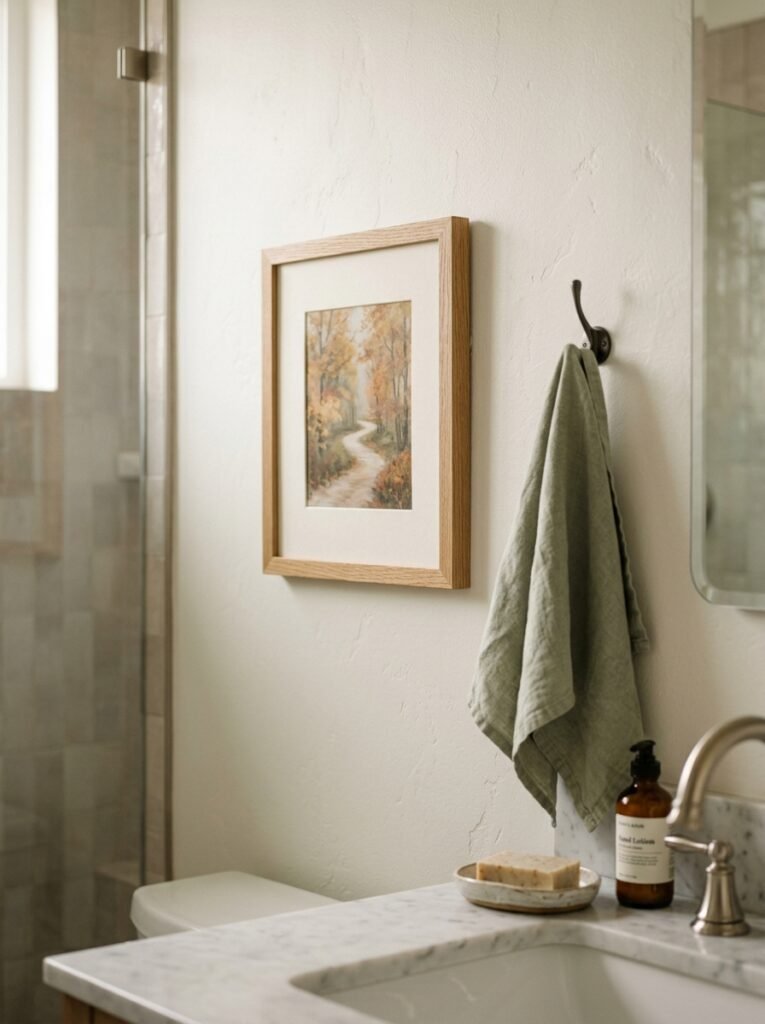 Small framed autumn print on a bathroom wall