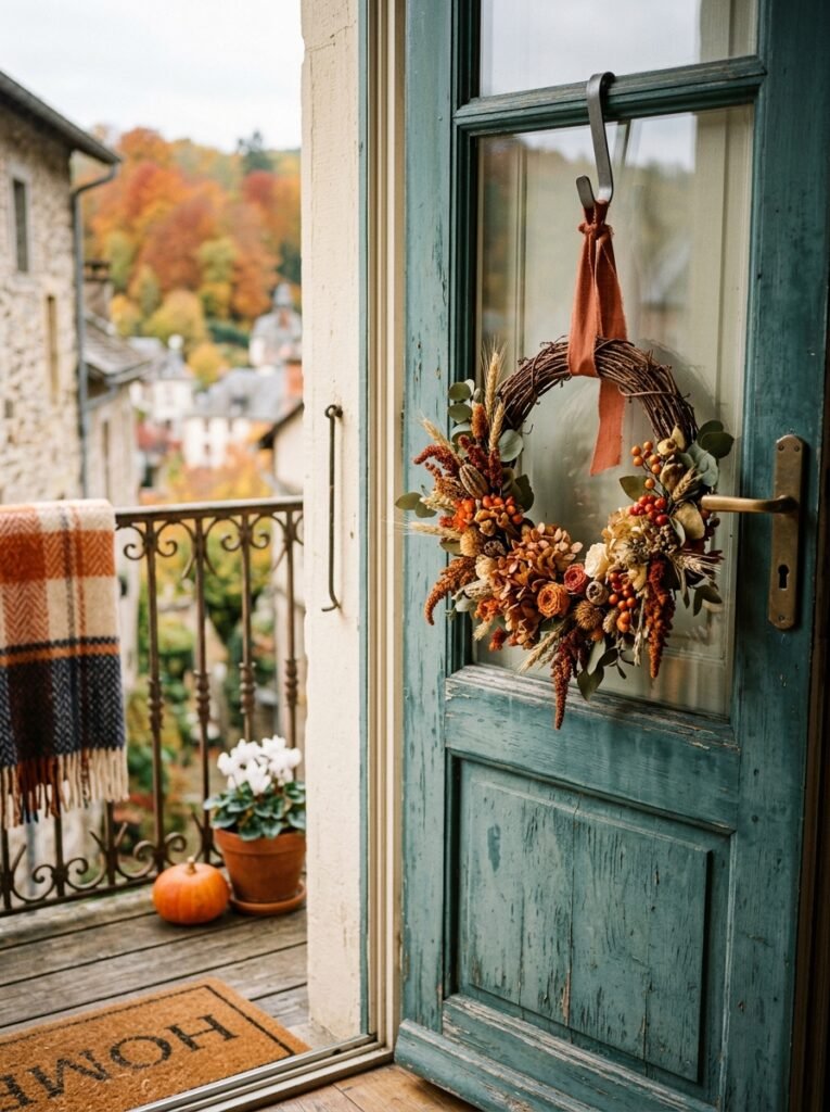 autumn wreath on balcony door 