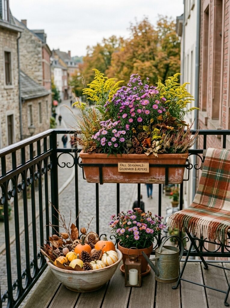 balcony planters with goldenrods