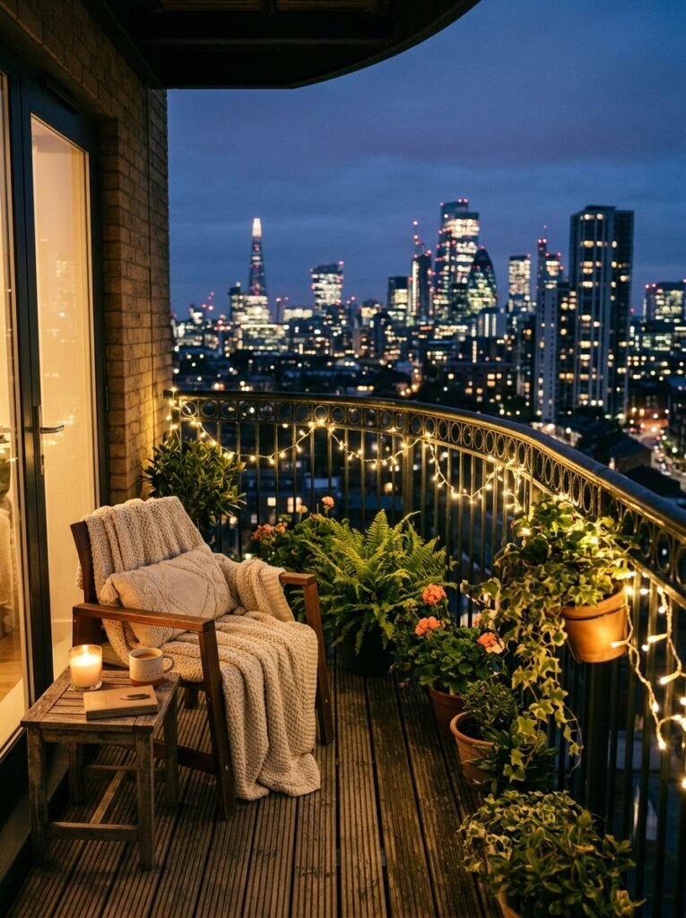 balcony with string lights twilight 
