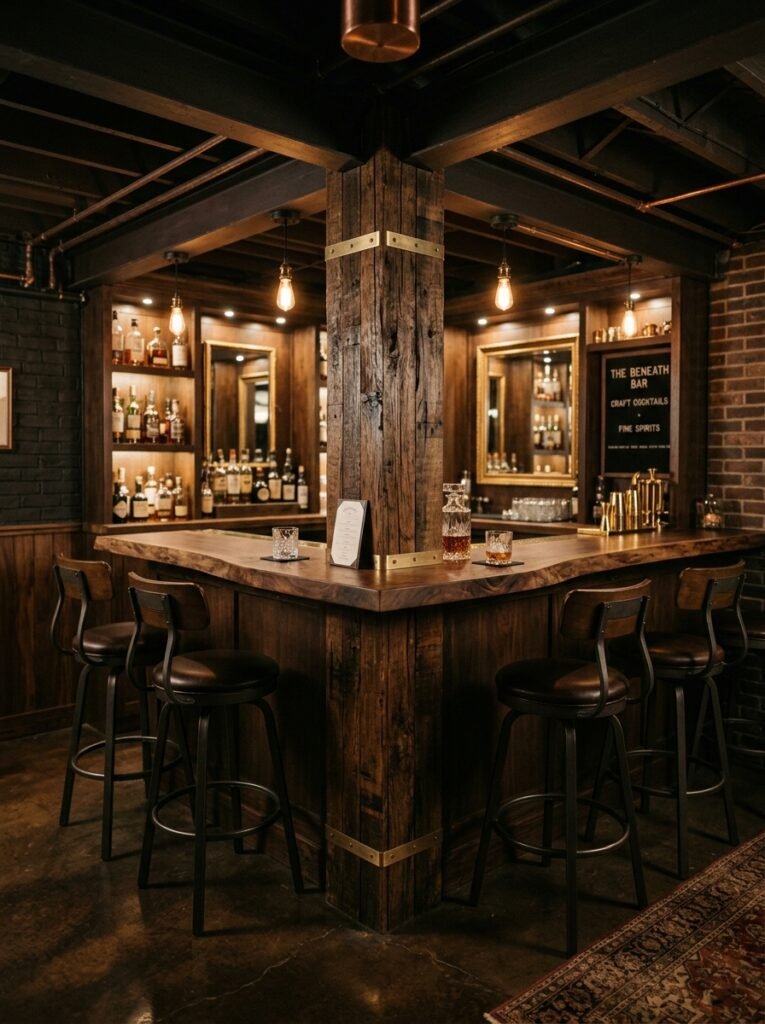 Basement bar built around a wood-clad support pole