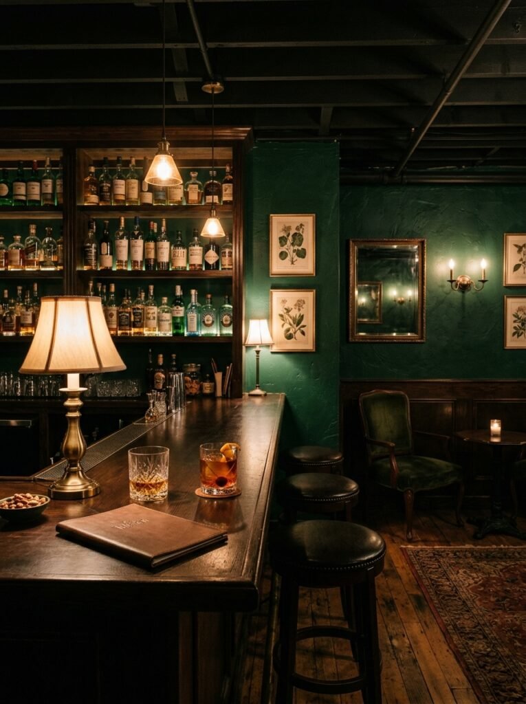 Basement bar with deep forest green walls