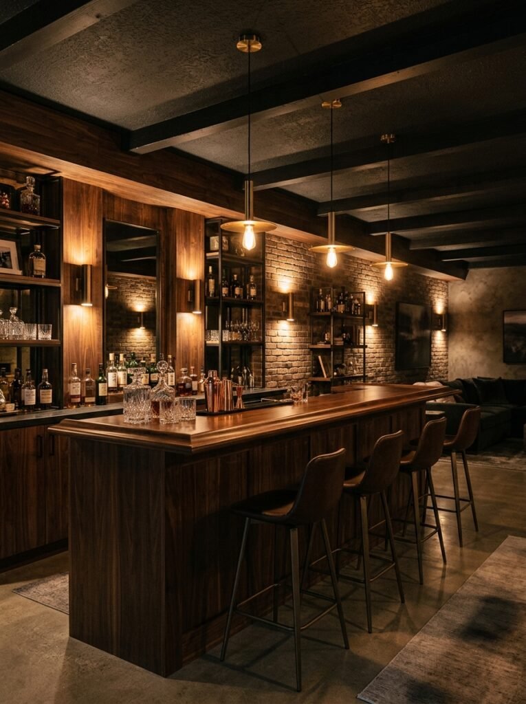 Basement bar lit by low pendants and wall sconces