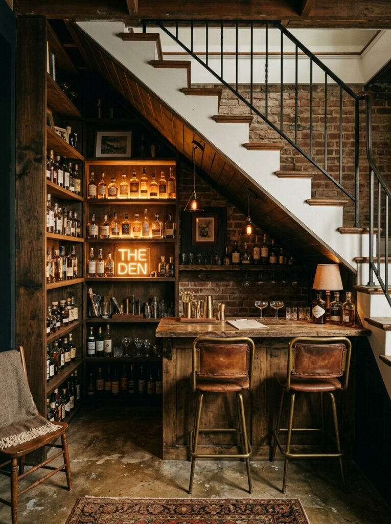 Compact basement bar built under a staircase