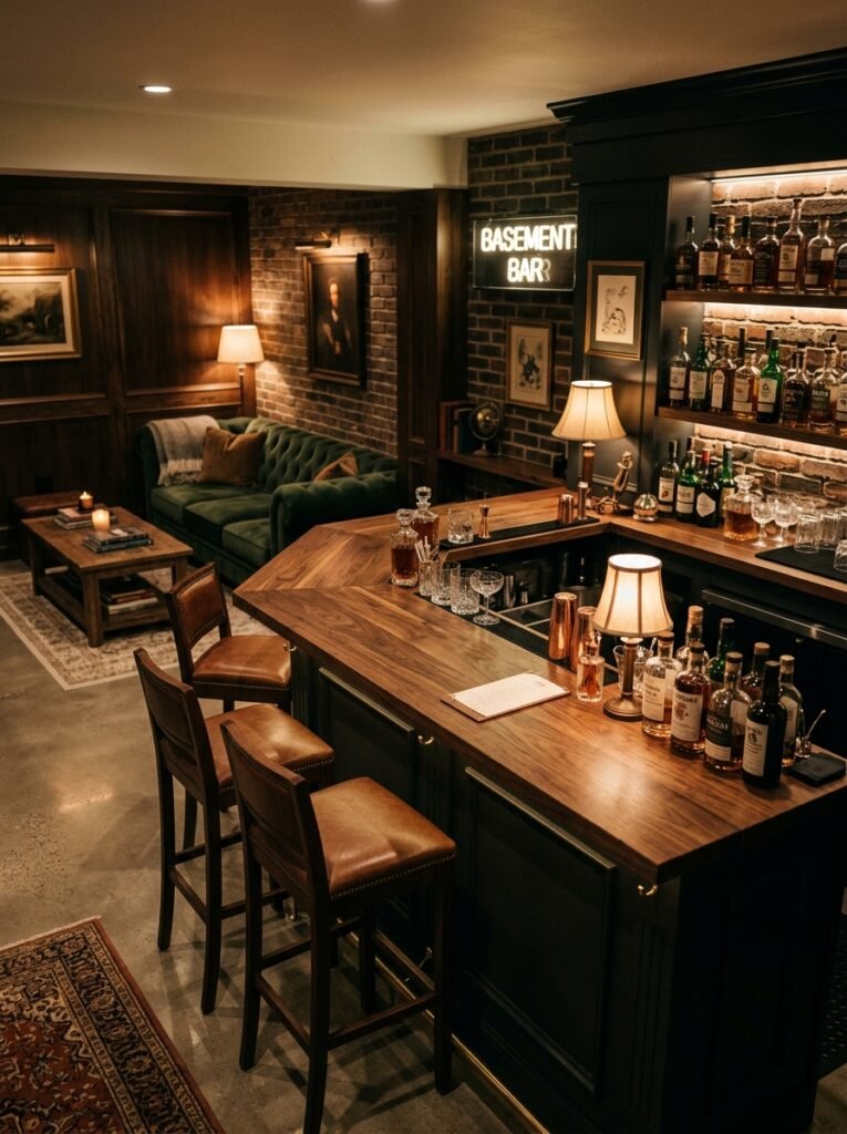 L-shaped basement bar tucked into a corner