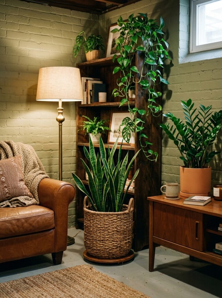 basement with plants