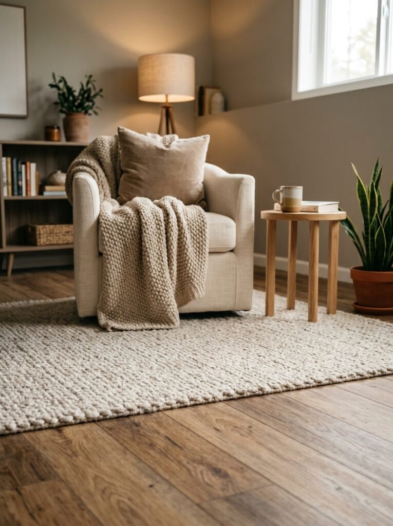 floor with rug inside basement