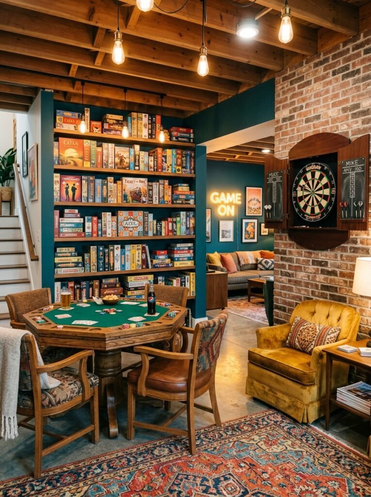 basement game room with dartboard 