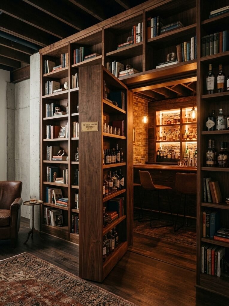 Hidden bookshelf door revealing basement bar