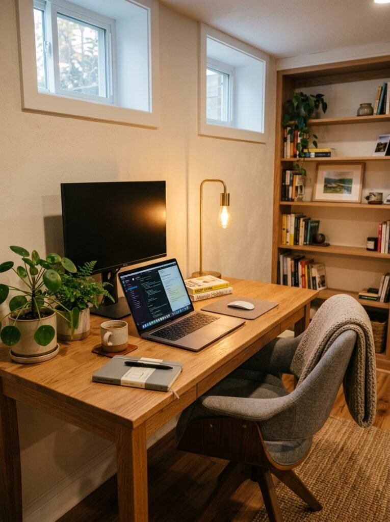 office desk inside basement