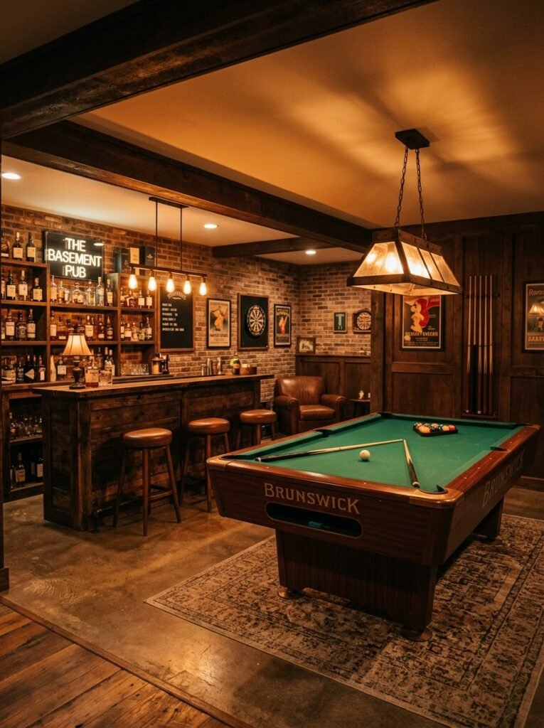 Pool table within sight of a basement bar