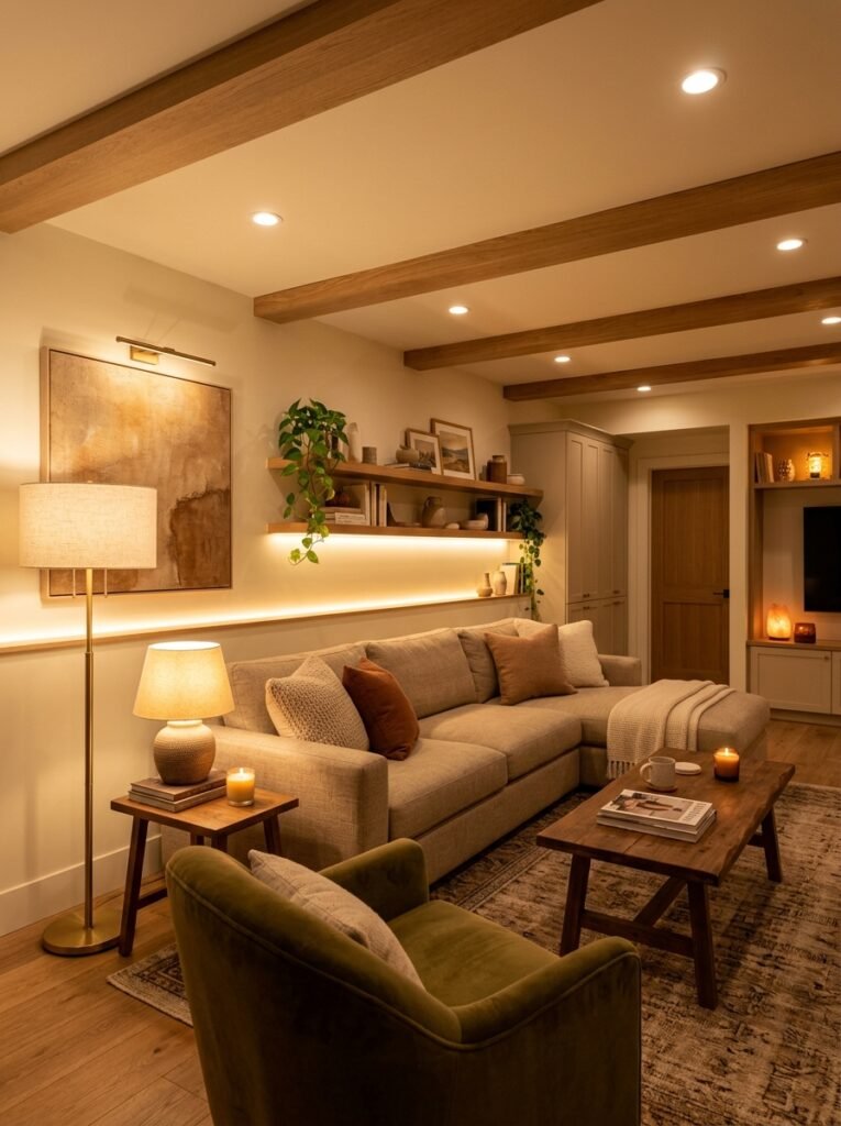 basement room with warm lighting 