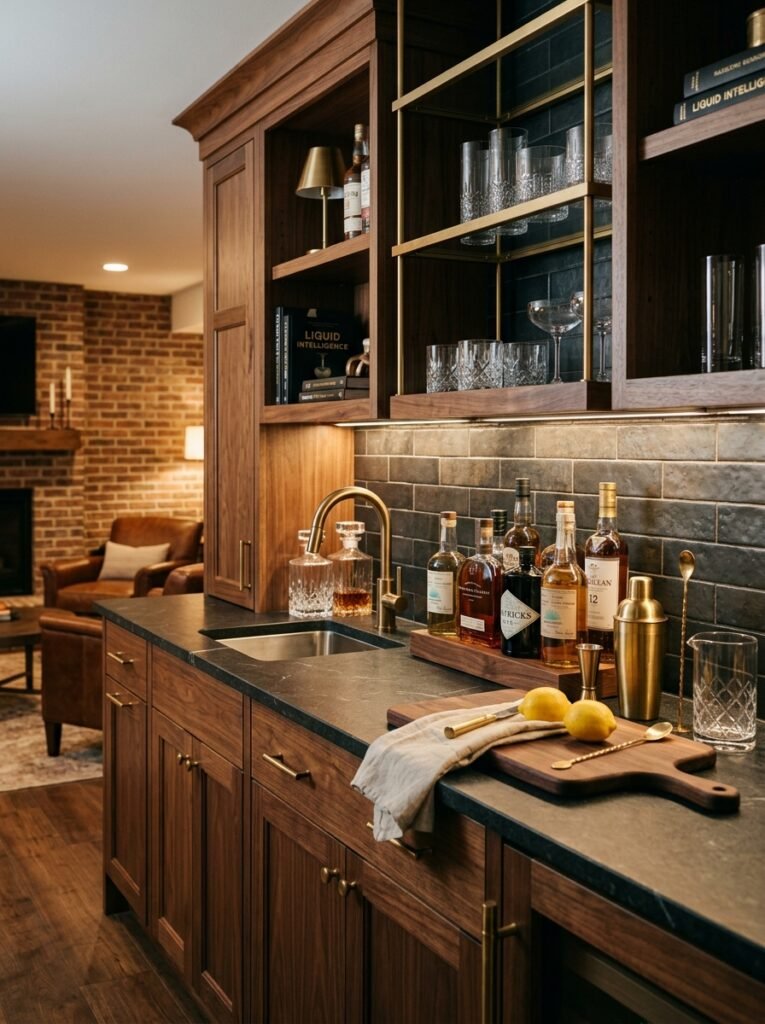 Basement wet bar with stainless sink and cabinetry