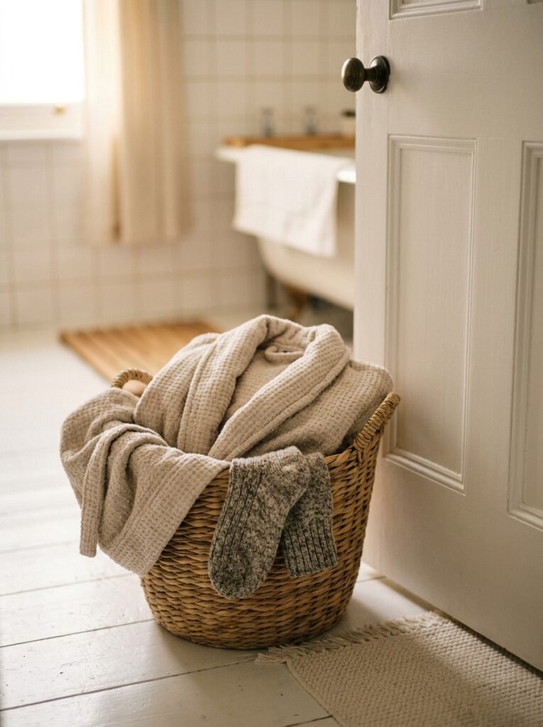 Cozy basket with robe and socks by a bathroom door