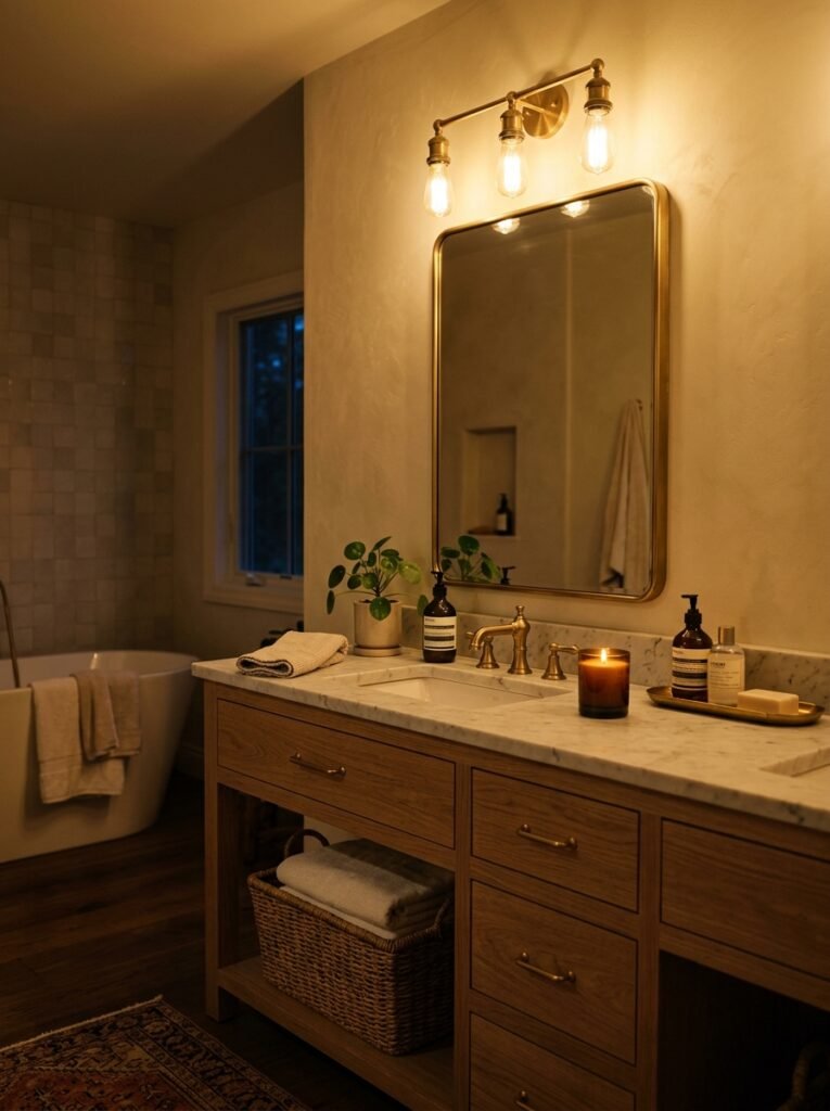 Bathroom vanity lit with warm white bulbs